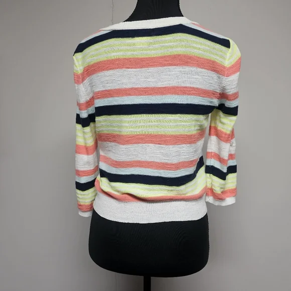 Arizona Jeans Y2k Cropped Roll Tab Sleeve Striped Cardigans Coral Green White - Picture 5 of 12